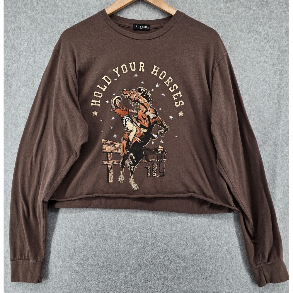Zutter Brown Cowgirl‎ Graphic T-Shirt Women's M Cropped Western Horses Y2K USA